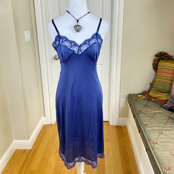 Vintage Dress Slip Midi Length Blue Nylon Lace Trim Cups and Hem Y2K (~XS) - Picture 1 of 7